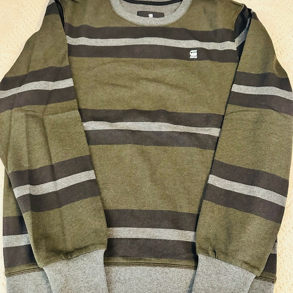 NWT G-Star Olive and Gray Striped Crewneck Sweater
